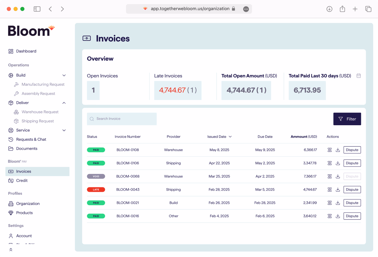 Bloom platform invoices dashboard